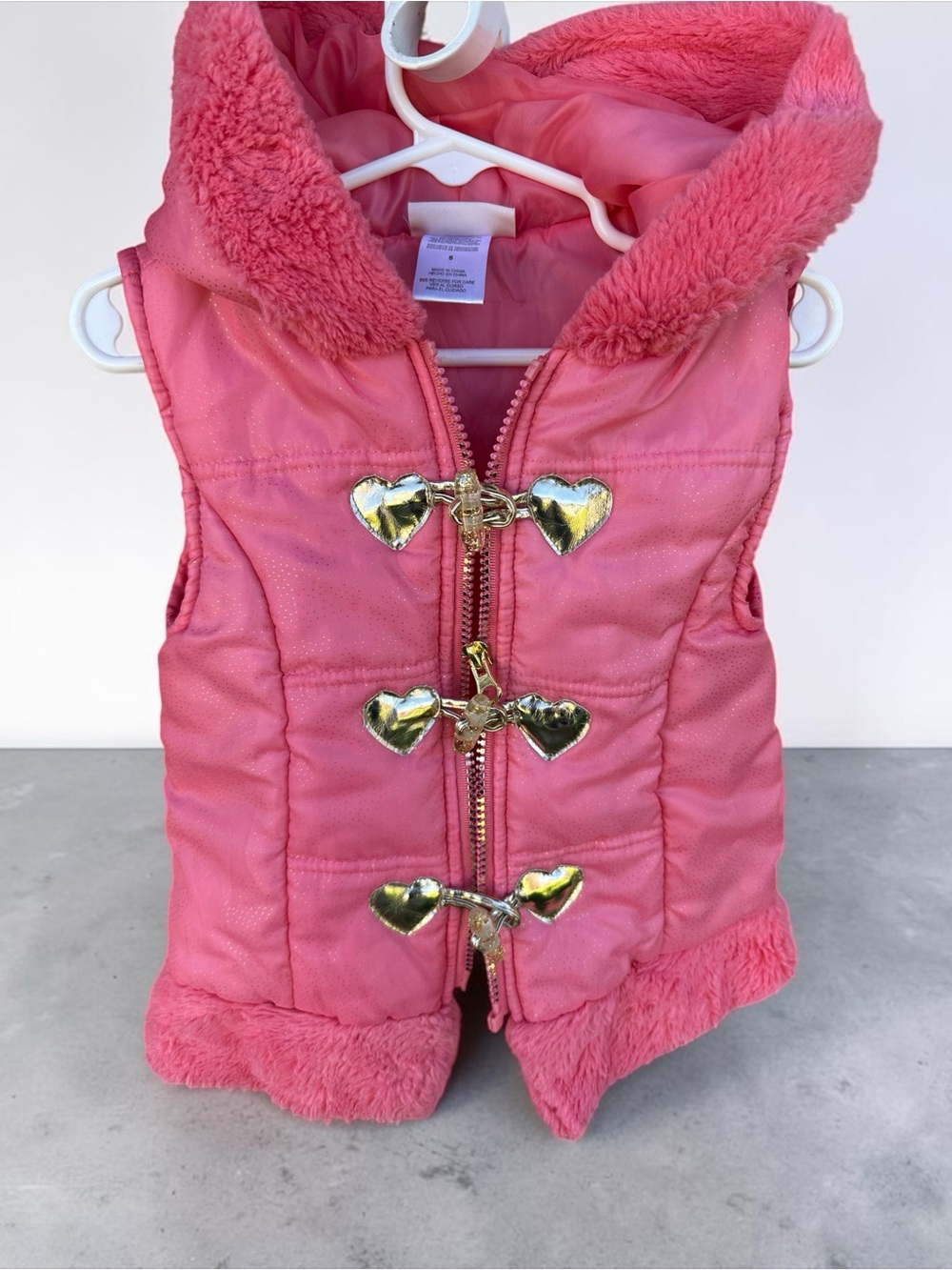 Little Lass Hot Pink Hooded Puffer Vest with Faux Fur Trim